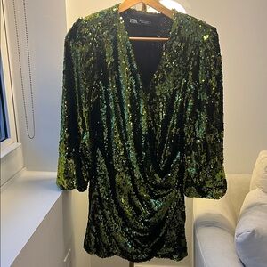 Zara Black and Green Sequin Dress